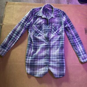 Blue fuzzy flannel. Worn once or twiceice. Size XS but fits like a medium.